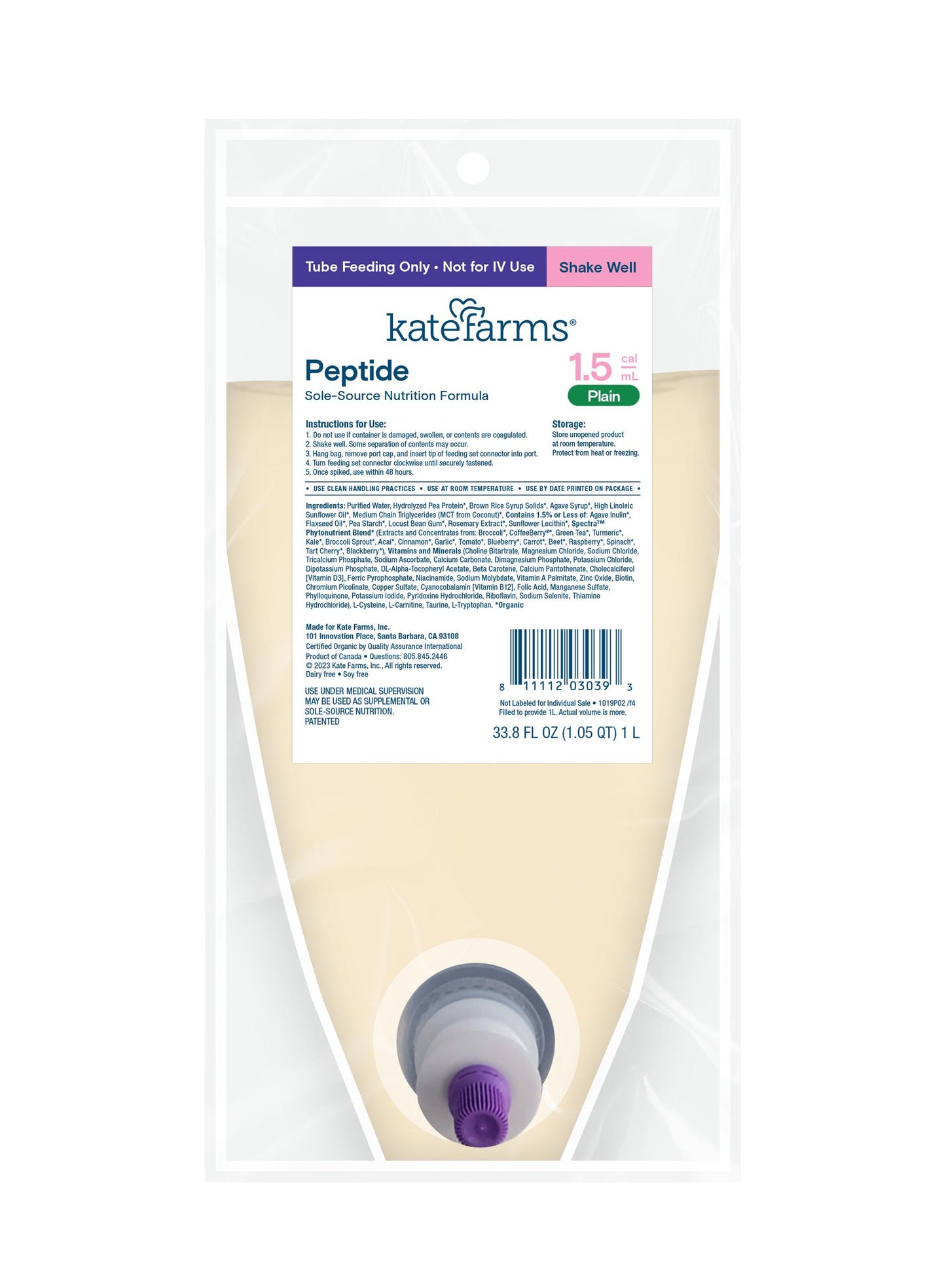 CS/6 - Kate Farms Peptide 1.5 Plain, Closed System, Ready-to-Hang, 1000 mL