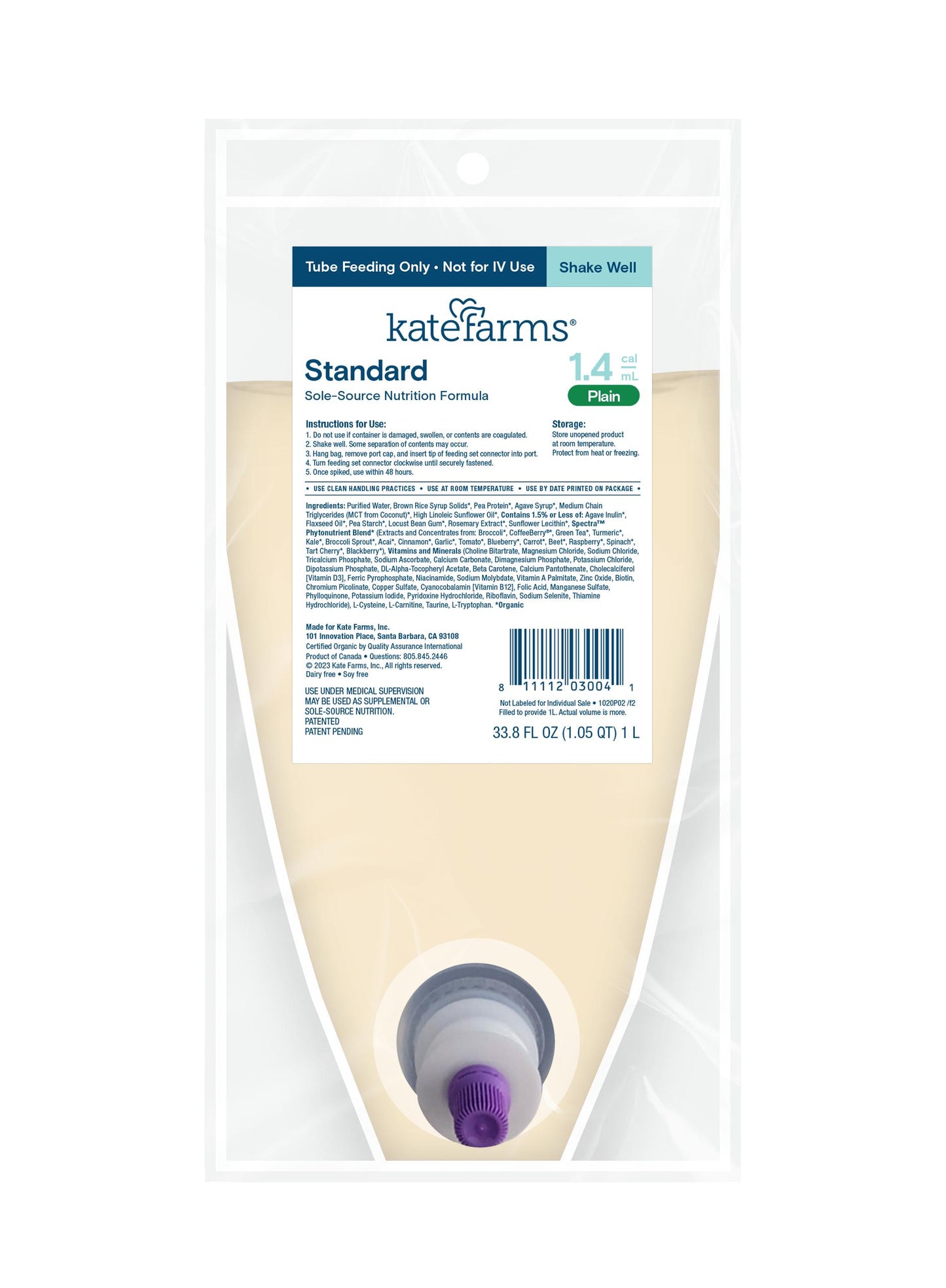 CS/6 - Kate Farms Standard 1.4 Plain, Closed System, Ready-to-Hang, 1000 mL