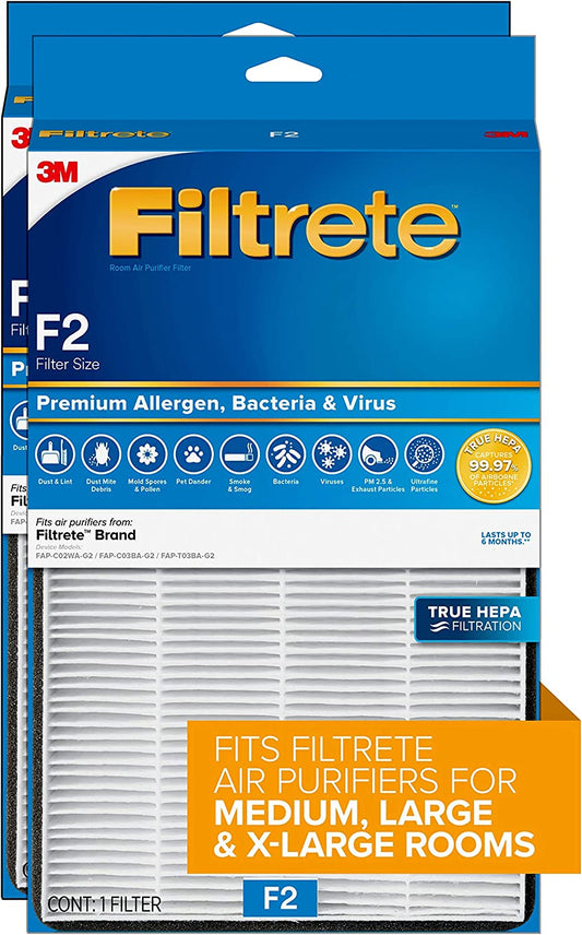 2 Pack Filtrete F2 Room Air Purifier Filter, True HEPA Premium Allergen, Bacteria, and Virus, works with devices: FAP-C02WA-G2, FAP-C03BA-G2, FAP-T03BA-G2 and FAP-SC02N